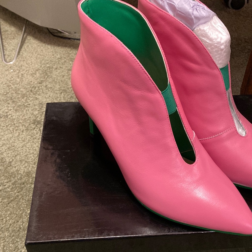 Pink and green leather booties.